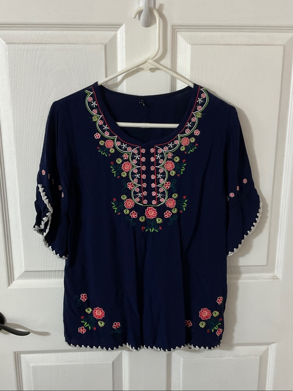 Navy Tunic with Red & Green Floral Embroidery
